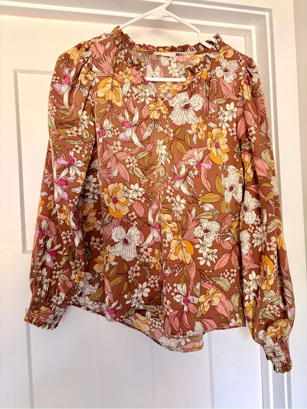 Rosybrown Floral Long-Balloon Sleeve Blouse with Smocked Cuffs